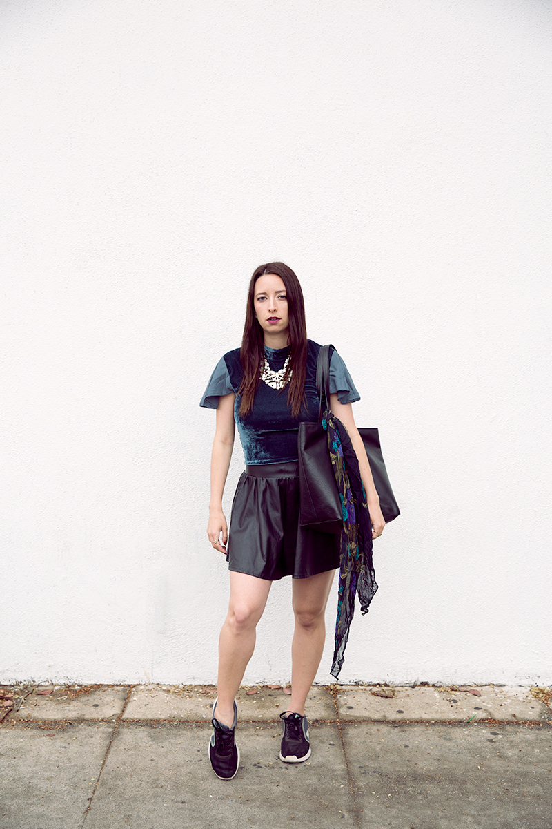 Faux Leather Mini Skirt styled by popular Los Angeles fashion blogger, Nomad Moda
